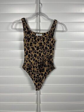 Babaton Leopard Print Square Neck Thong Bodysuit Women’s XXS Stretch Y2K